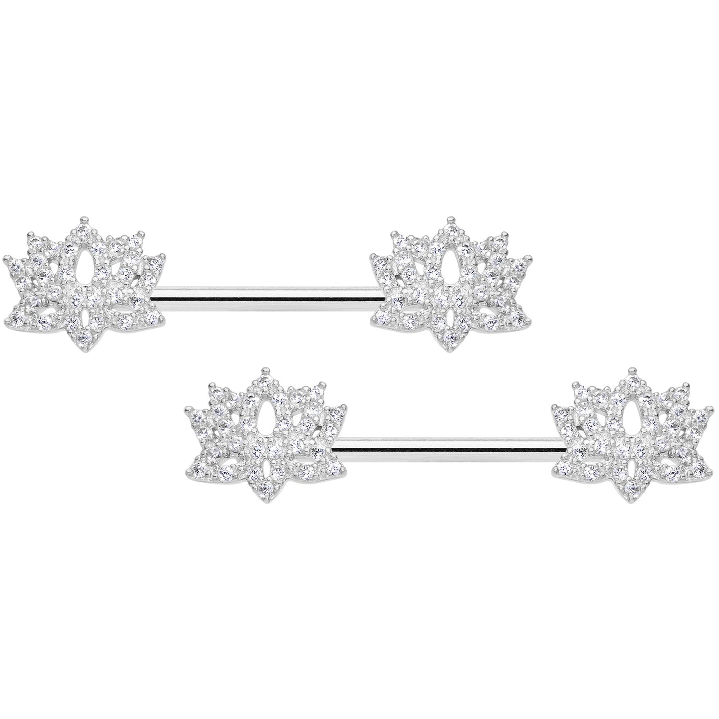 14 Gauge 9/16 Clear CZ Gem Lotus Flower Nipple Ring Set