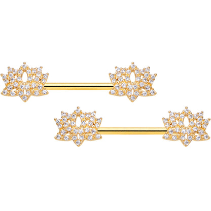 14 Gauge 9/16 Clear CZ Gem Gold Tone Lotus Flower Nipple Ring Set