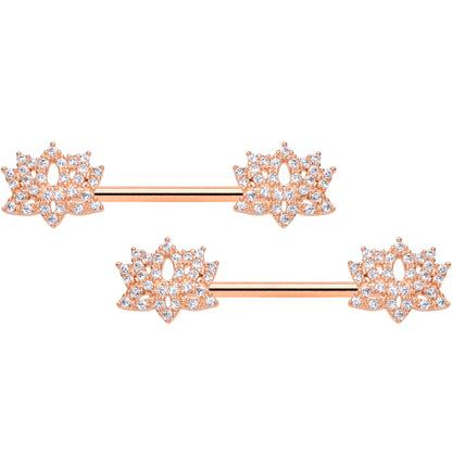 14 Gauge 9/16 Clear CZ Gem Rose Gold Tone Lotus Flower Nipple Ring Set