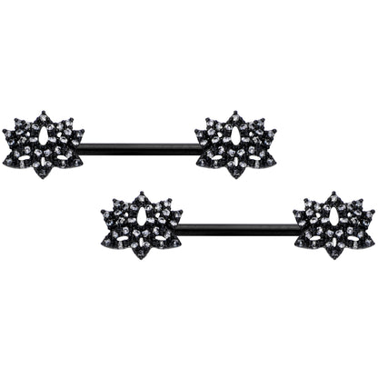 14 Gauge 9/16 Clear CZ Gem Black Lotus Flower Nipple Ring Set