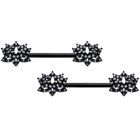 14 Gauge 9/16 Clear CZ Gem Black Lotus Flower Nipple Ring Set