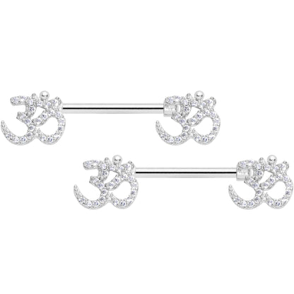 14 Gauge 9/16 Clear CZ Gem Amazing Om Barbell Nipple Ring Set