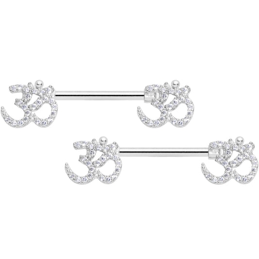 14 Gauge 9/16 Clear CZ Gem Amazing Om Barbell Nipple Ring Set