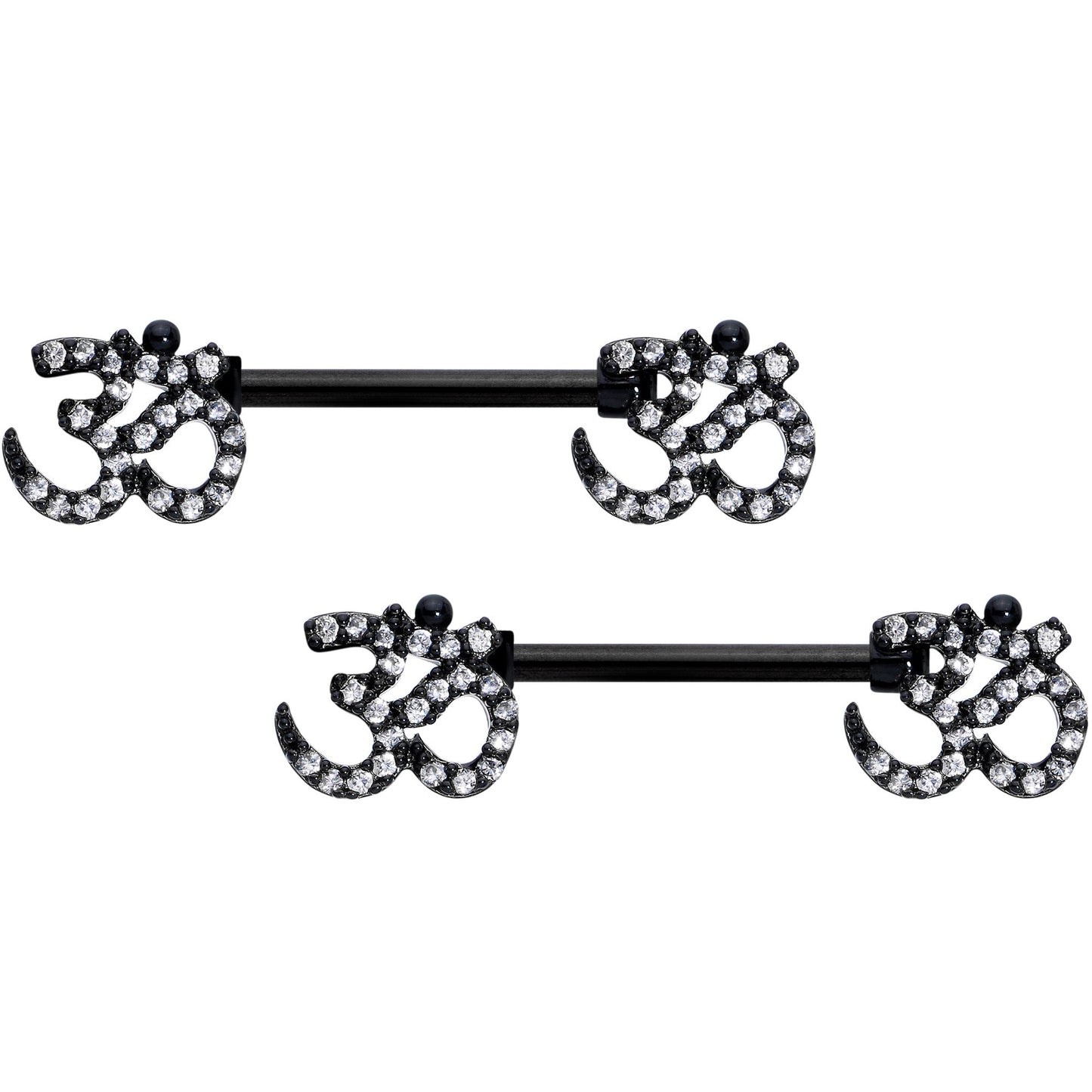 14 Gauge 9/16 Clear CZ Gem Black Amazing Om Barbell Nipple Ring Set