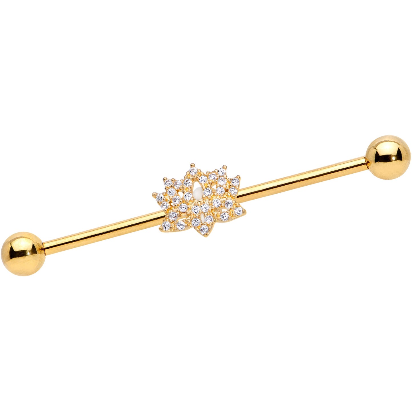 14 Gauge Clear CZ Gem Gold Tone Lotus Flower Industrial Barbell 38mm