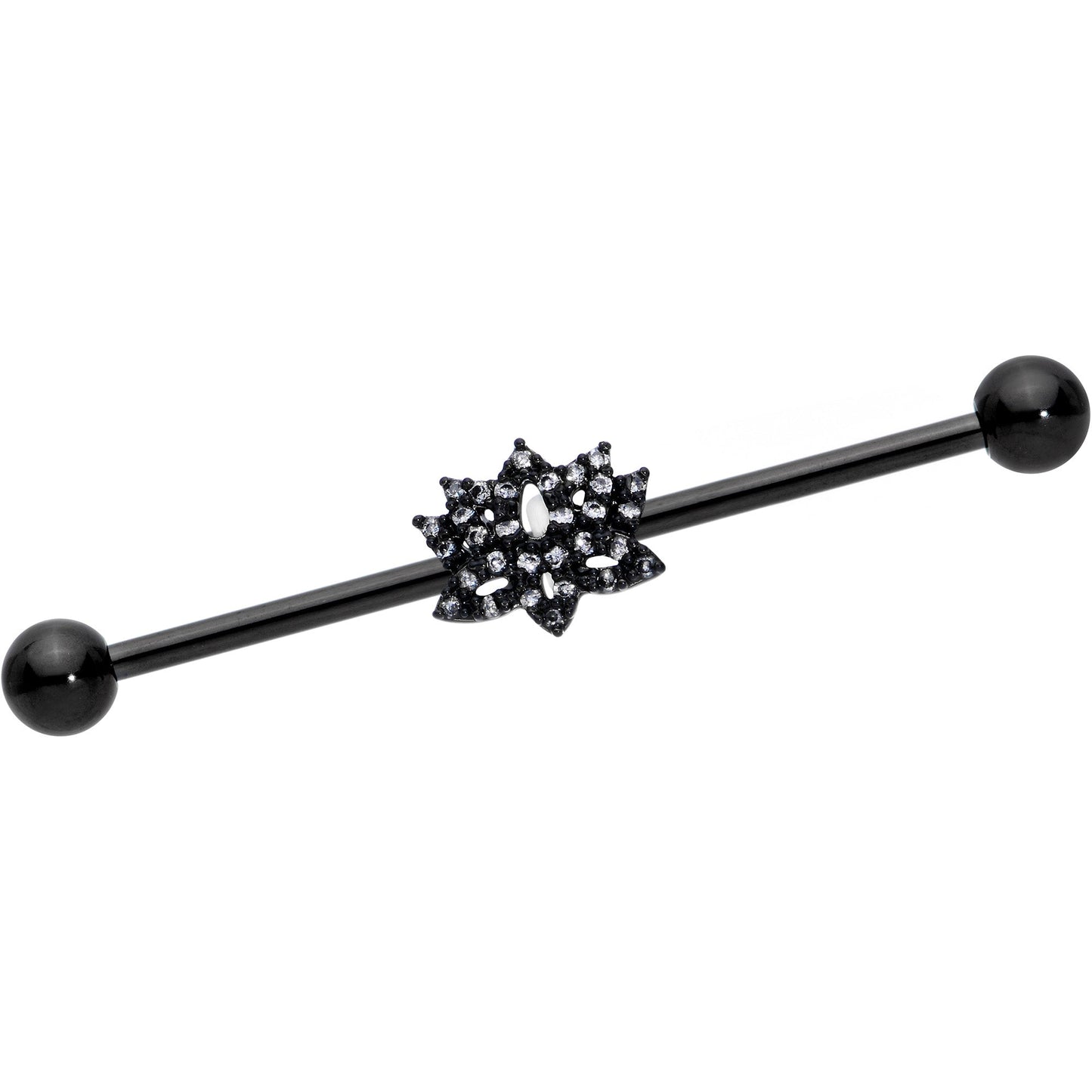 14 Gauge Clear CZ Gem Black Lotus Flower Industrial Barbell 38mm