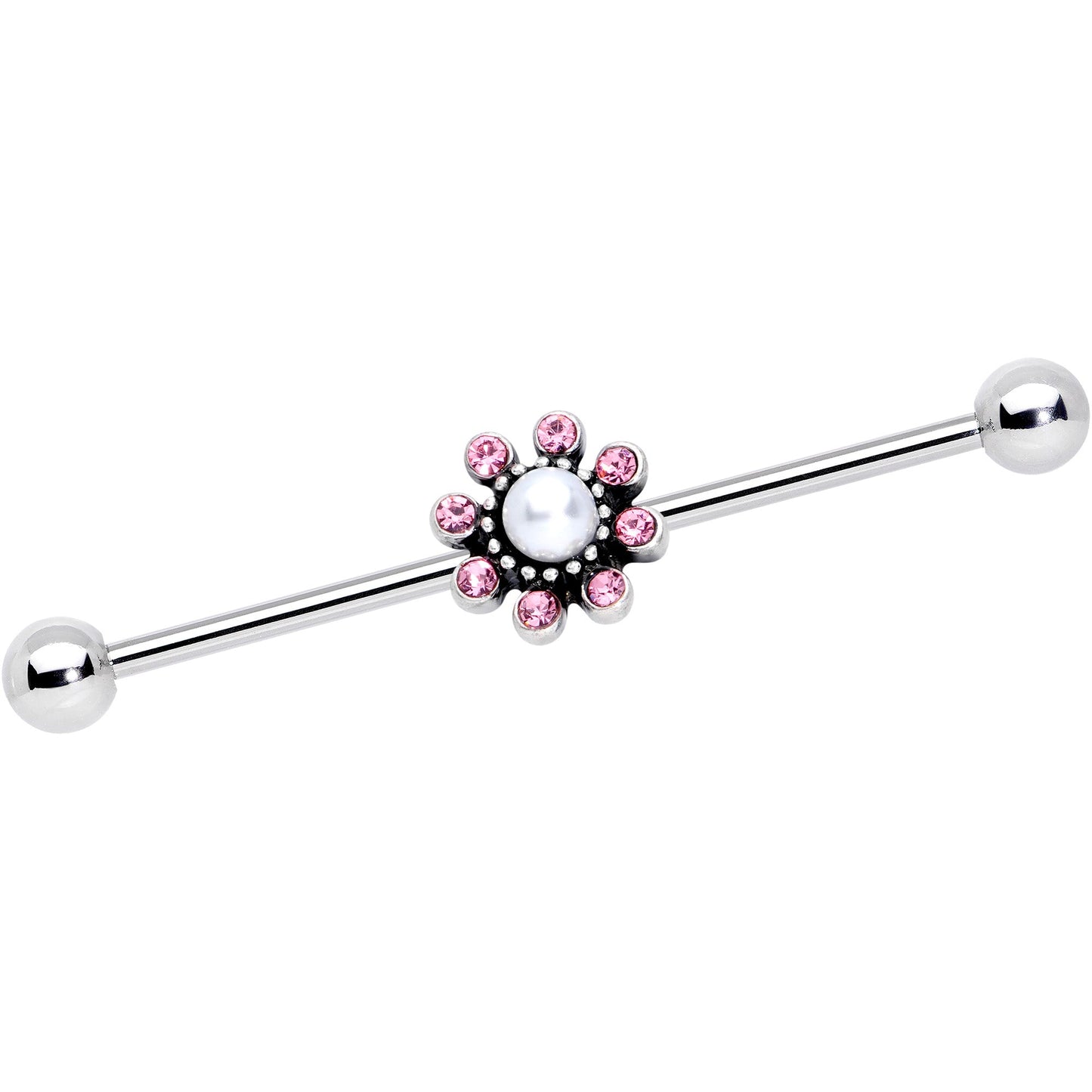 14 Gauge Pink Gem Pearlescent Flower Industrial Barbell 38mm