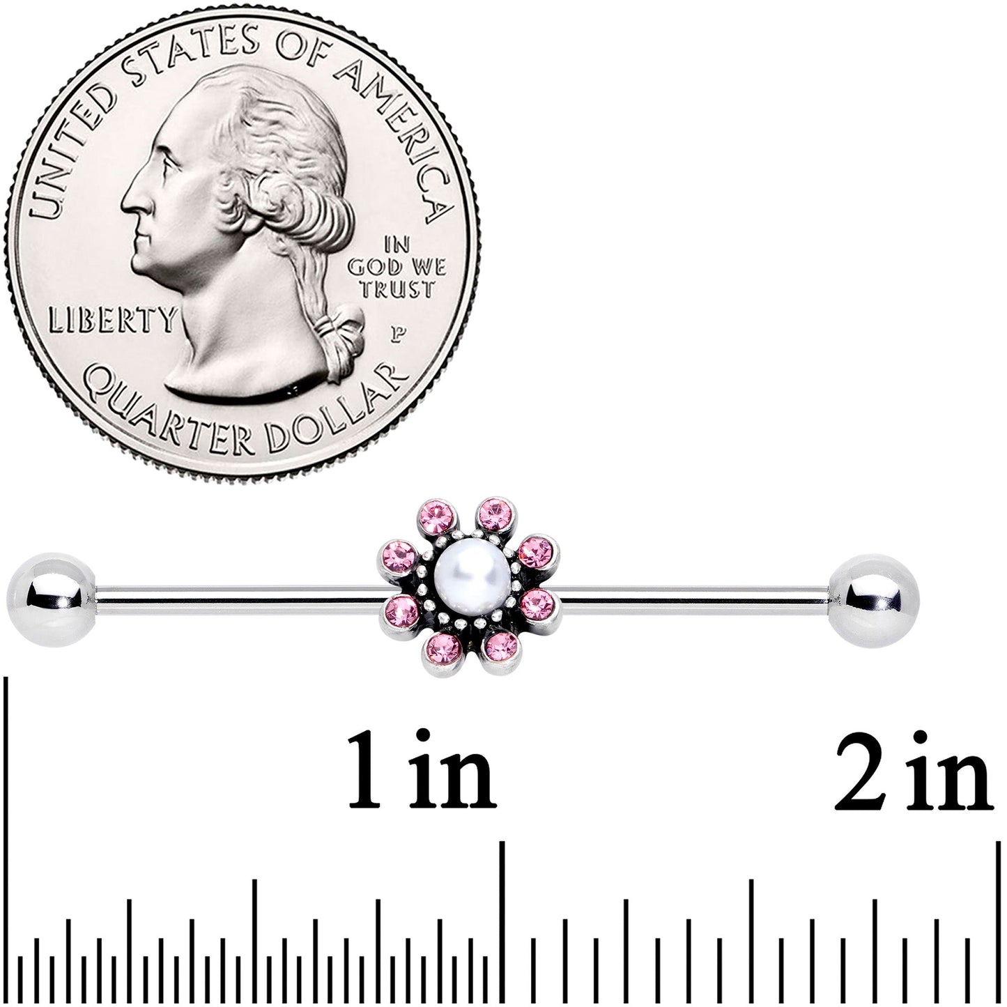 14 Gauge Pink Gem Pearlescent Flower Industrial Barbell 38mm