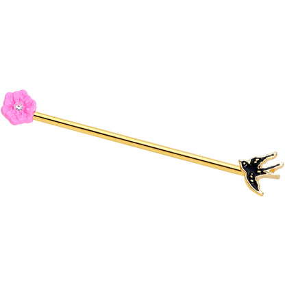 14 Gauge Clear Gem Gold Tone Bird Flower Industrial Barbell 38mm