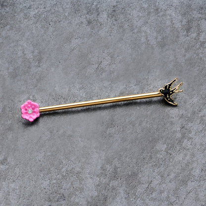 14 Gauge Clear Gem Gold Tone Bird Flower Industrial Barbell 38mm