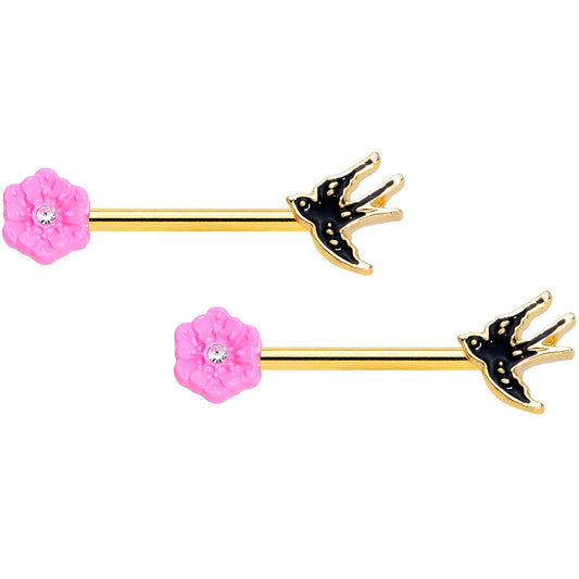 14 Gauge 9/16 Clear Gem Gold Hue Tattoo Bird Flower Nipple Ring Set