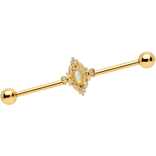 14 Gauge White Synthetic Opal Gold Tone Oval Industrial Barbell 38mm