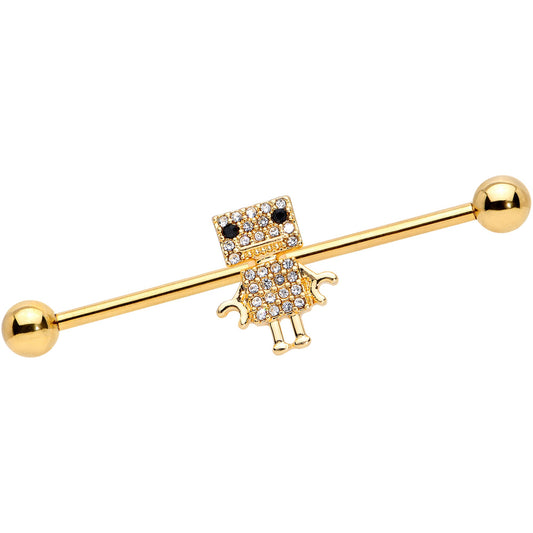 14 Gauge Clear Gem Gold Tone Ritzy Robot Industrial Barbell 38mm