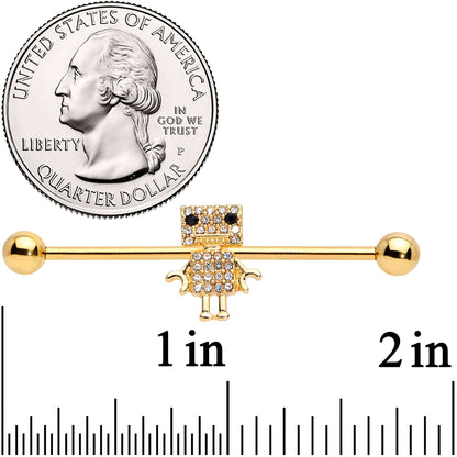 14 Gauge Clear Gem Gold Tone Ritzy Robot Industrial Barbell 38mm