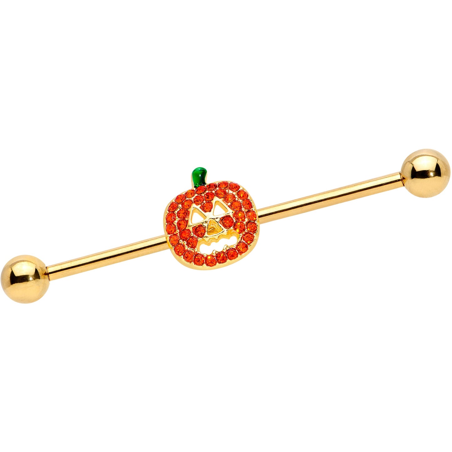 14 Gauge Orange Gem Gold Tone Jack O Lantern Industrial Barbell 38mm