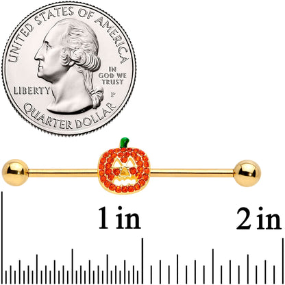 14 Gauge Orange Gem Gold Tone Jack O Lantern Industrial Barbell 38mm