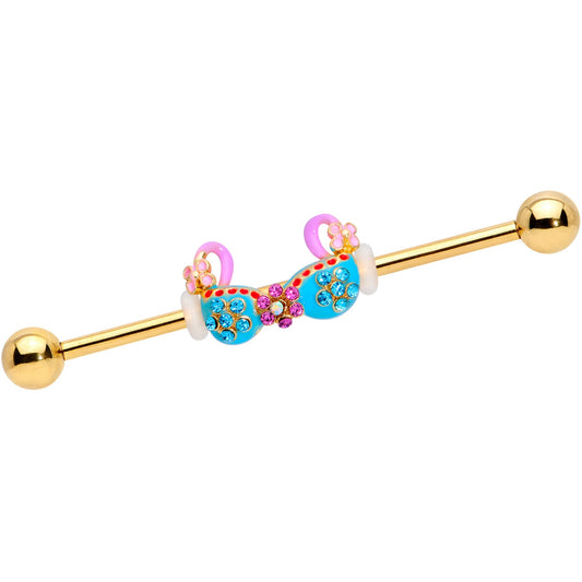 14 Gauge Aqua Pink Gem Gold Tone Bikini Top Industrial Barbell 38mm