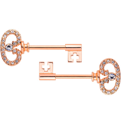 14 Gauge 9/16 Clear CZ Gem Rose Gold Tone Key Nipple Ring Set