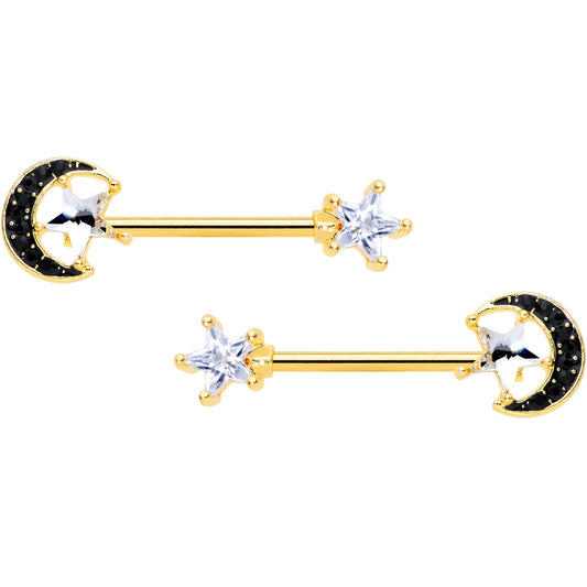 14 Gauge 5/8 Clear CZ Gem Gold Tone Black Moon Barbell Nipple Ring Set