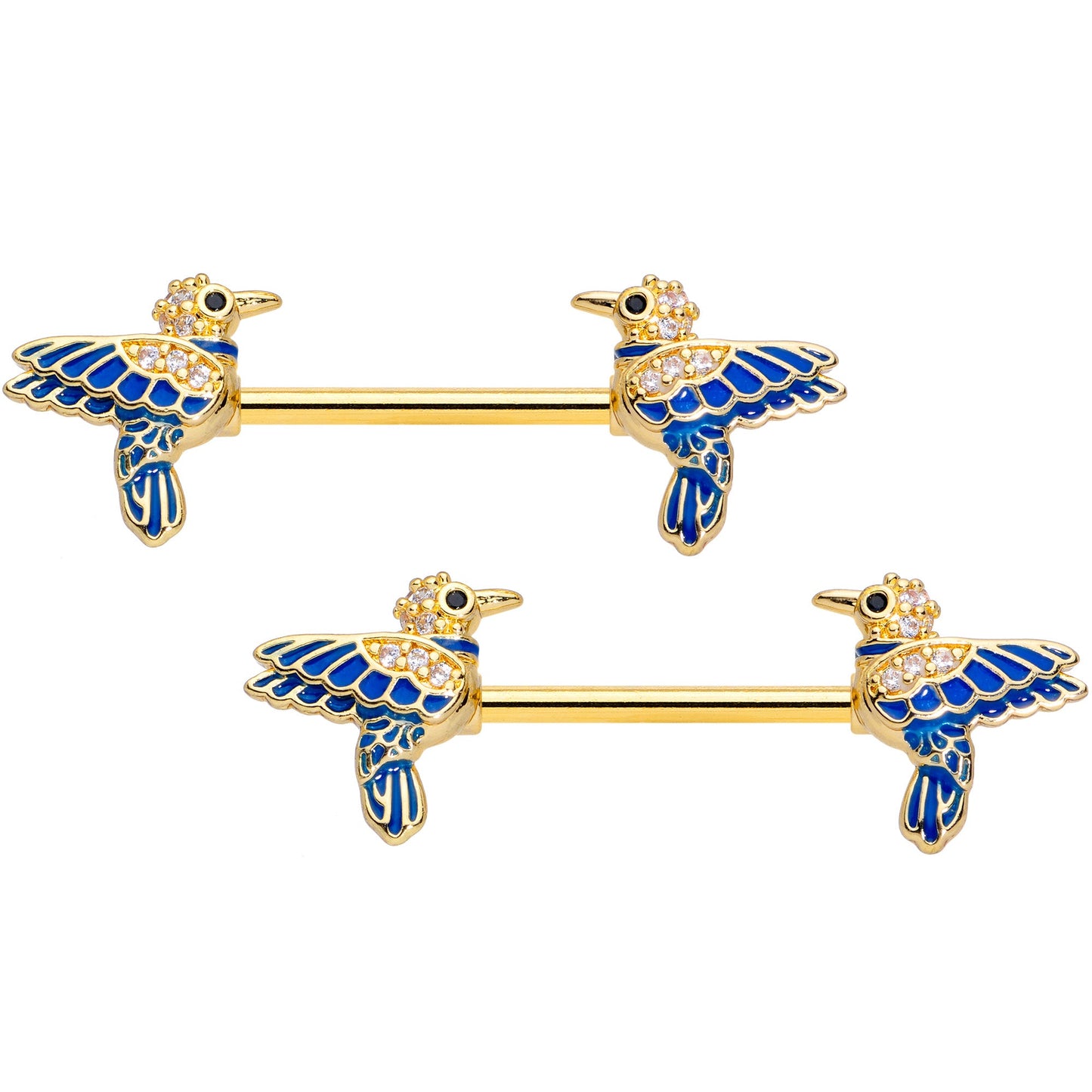 14 Gauge 5/8 Clear Gem Gold Tone Blue Bird Barbell Nipple Ring Set