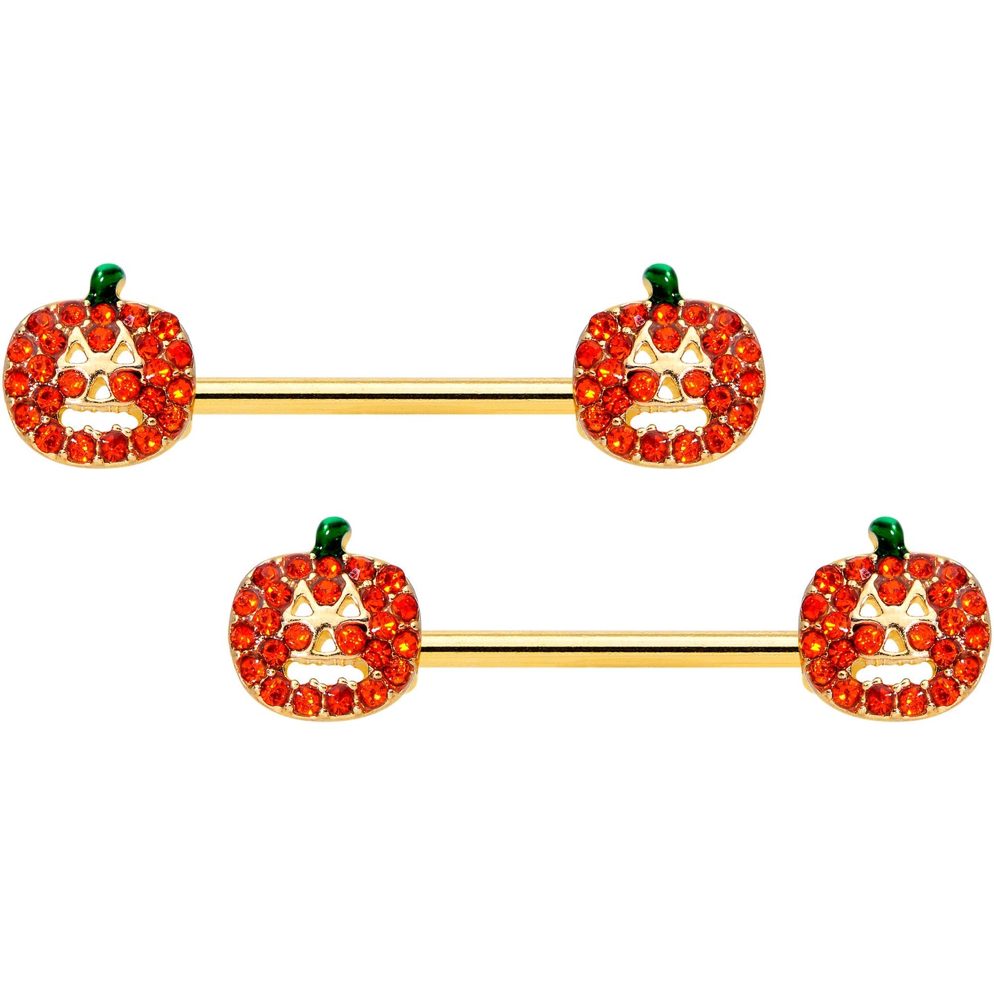 14 Gauge 5/8 Orange Gem Pumpkin Halloween Barbell Nipple Ring Set