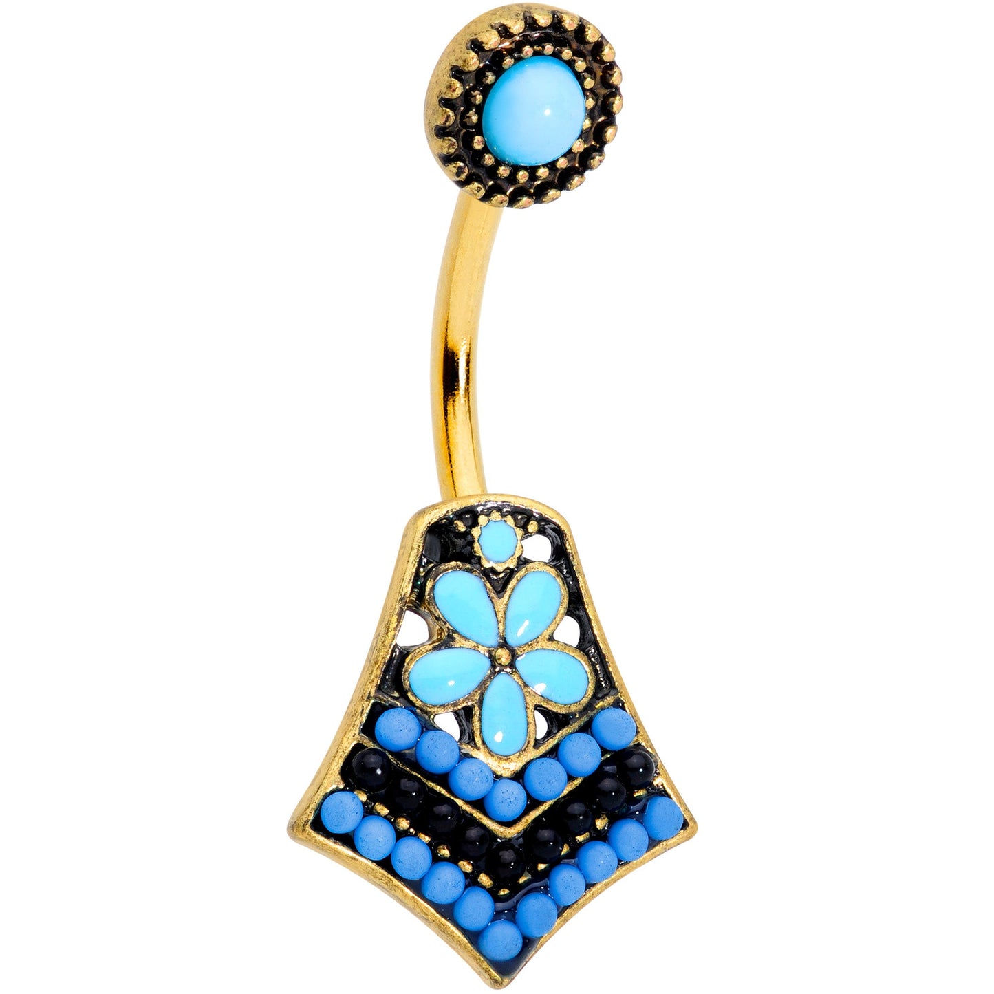 Gold Tone Shades of Blue Geometric Double Mount Belly Ring