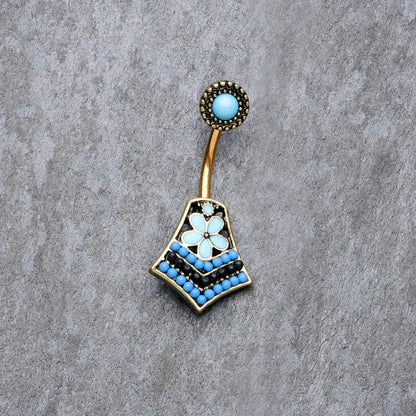 Gold Tone Shades of Blue Geometric Double Mount Belly Ring
