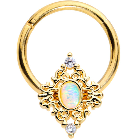 16 Gauge 3/8 White Synthetic Opal Gold Tone Oval Hinged Segment Ring