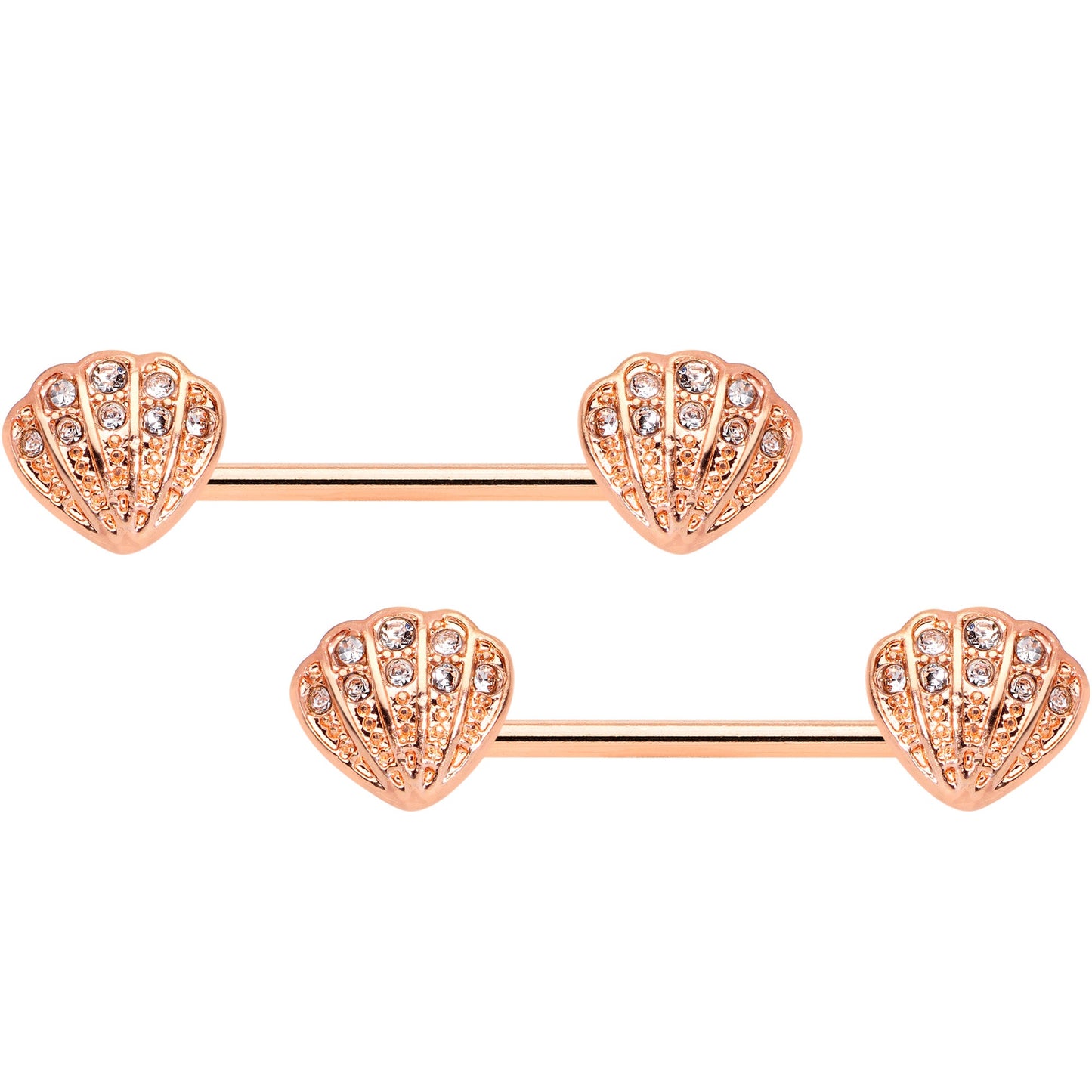 14 Gauge 5/8 Clear Gem Rose Gold Tone Shell Barbell Nipple Ring Set