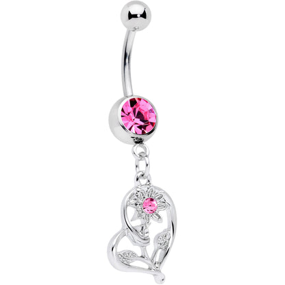 Pink Gem Blossoming Heart Flower Dangle Belly Ring