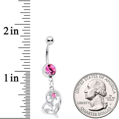 Pink Gem Blossoming Heart Flower Dangle Belly Ring