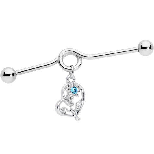 14 Gauge Aqua Gem Blossoming Heart Flower Dangle Project Bar 38mm