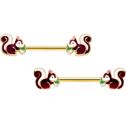 14 Gauge 9/16 Gold Tone Snacking Squirrel Barbell Nipple Ring Set