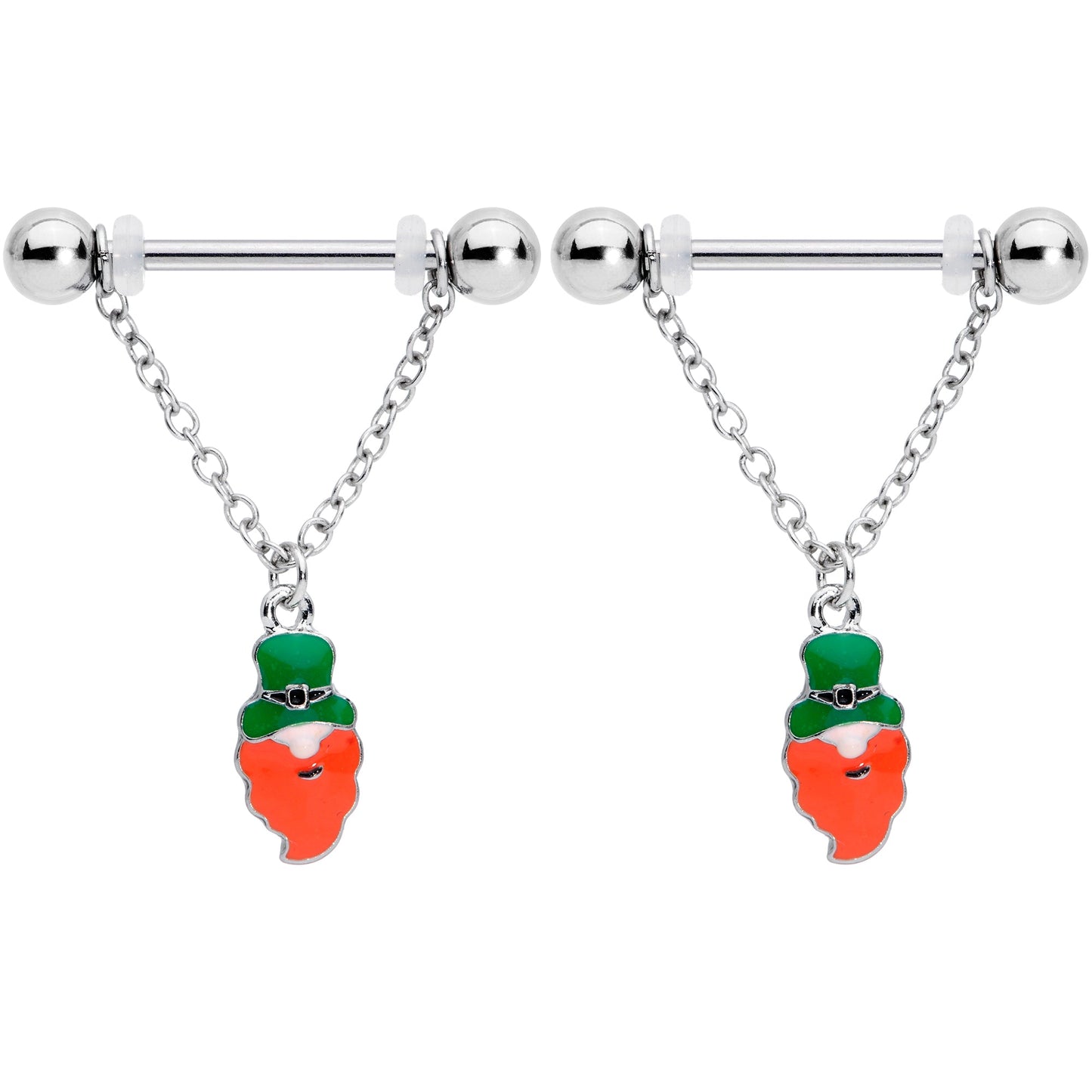 14 Gauge 9/16 Green Leprechaun St Patricks Day Dangle Nipple Ring Set