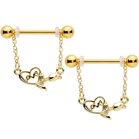 14 Gauge 11/16 Gold Tone Love Rose Dangle Nipple Ring Set