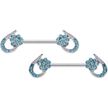 14 Gauge 5/8 Aqua Gem Heart Flower Barbell Nipple Ring Set