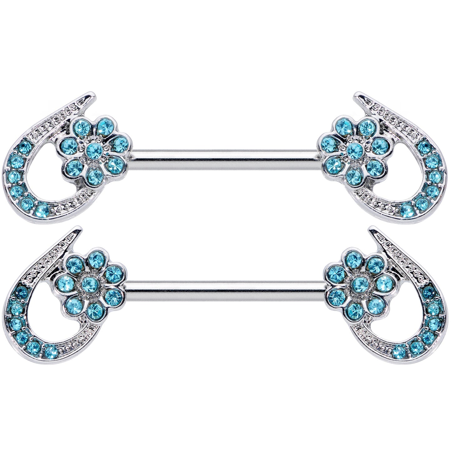 14 Gauge 5/8 Aqua Gem Heart Flower Barbell Nipple Ring Set