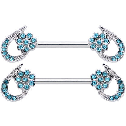 14 Gauge 5/8 Aqua Gem Heart Flower Barbell Nipple Ring Set