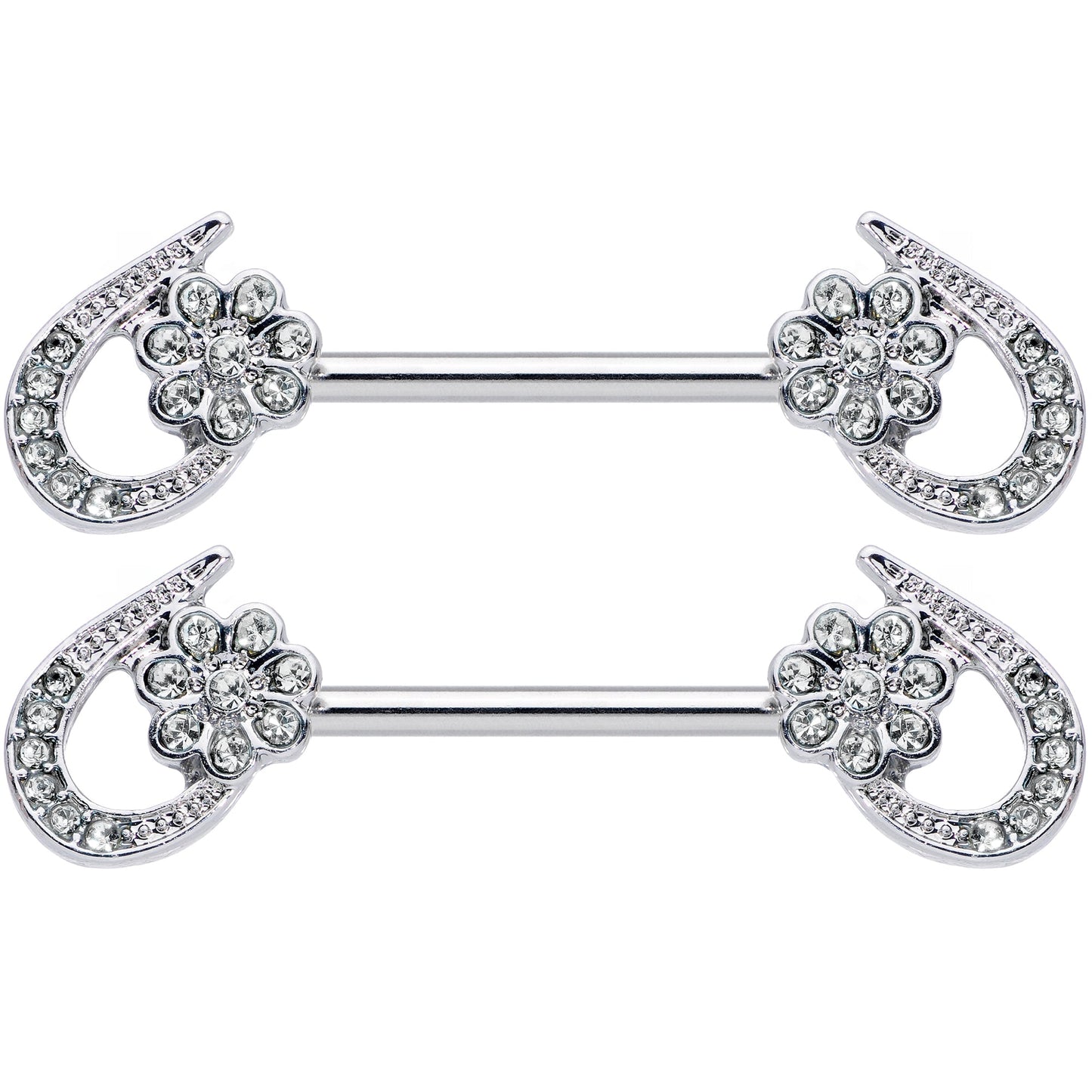 14 Gauge 5/8 Clear Gem Heart Flower Barbell Nipple Ring Set