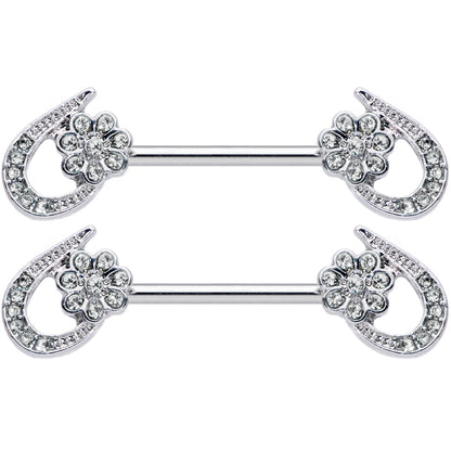 14 Gauge 5/8 Clear Gem Heart Flower Barbell Nipple Ring Set