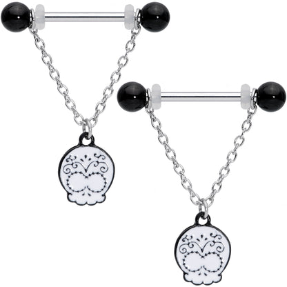 14 Gauge 11/16 Black UV Ball Sugar Skull Chain Dangle Nipple Ring Set