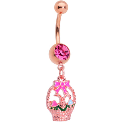 Pink Gem Rose Gold Tone Easter Basket Dangle Belly Ring