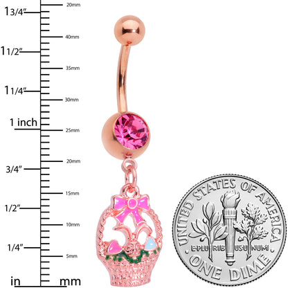 Pink Gem Rose Gold Tone Easter Basket Dangle Belly Ring