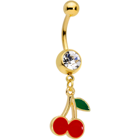 Clear Gem Gold Tone Charming Cherries Dangle Belly Ring