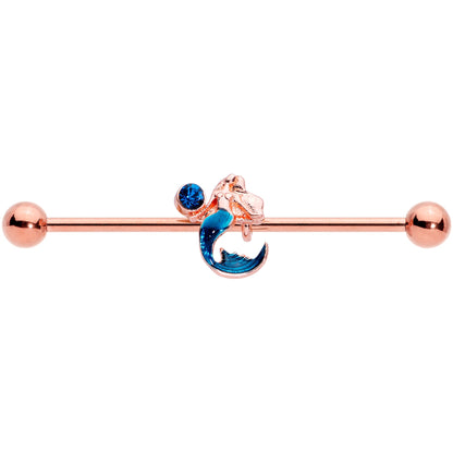 14 Gauge Aqua Gem Rose Gold Tone Mermaid Industrial Barbell 38mm