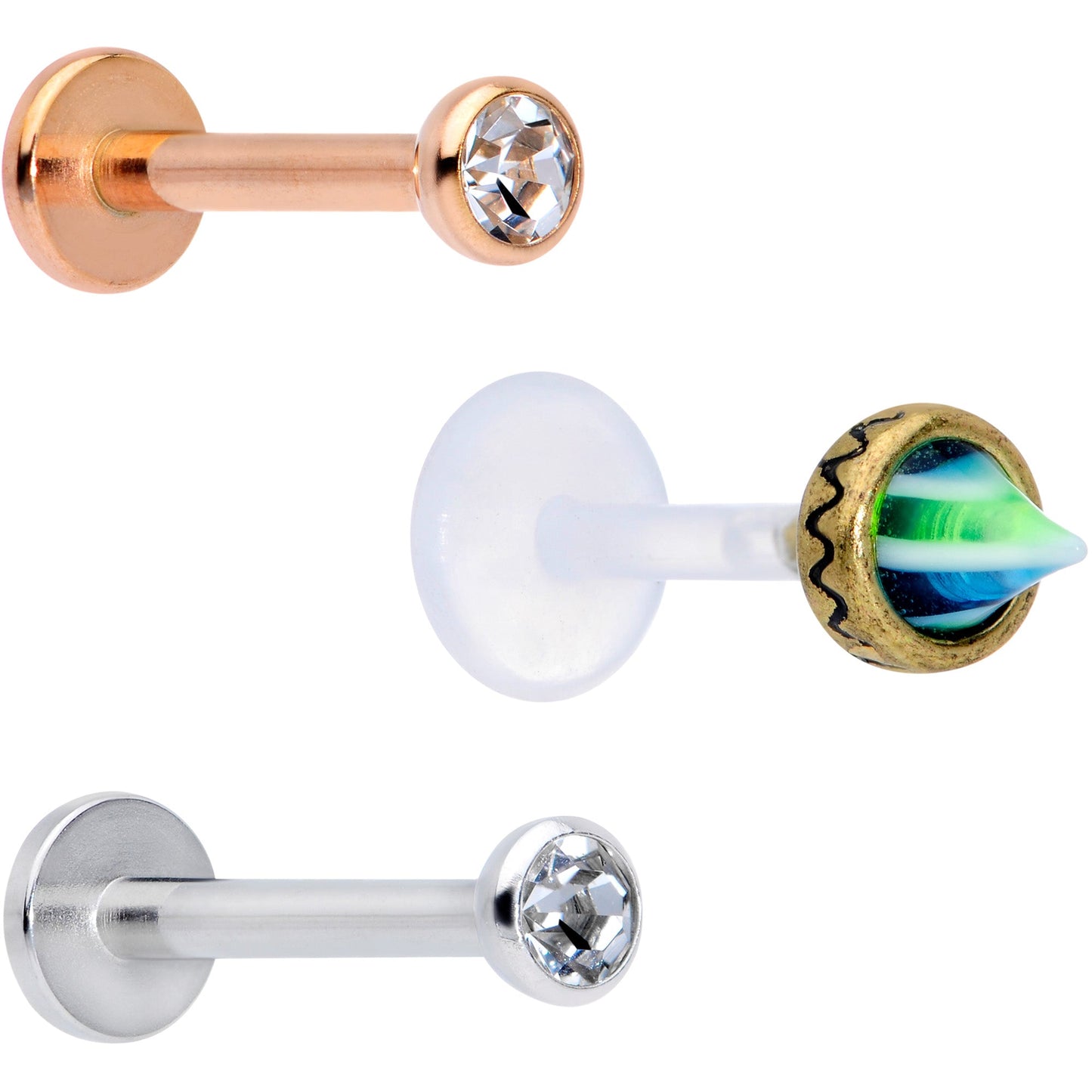 16 Gauge 5/16 Clear Gem Rose Gold Tone Bioplast Labret Tragus Set of 3