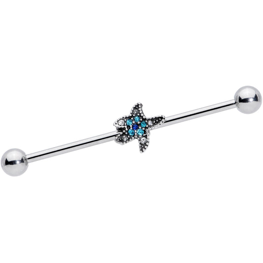 14 Gauge Aqua Blue Clear Gem Starfish Industrial Barbell 38mm