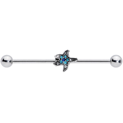 14 Gauge Aqua Blue Clear Gem Starfish Industrial Barbell 38mm