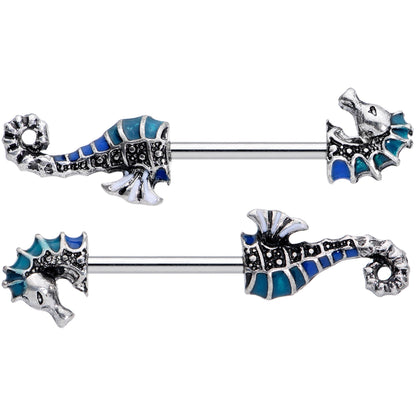 14 Gauge 9/16 Nautical Seahorse Barbell Nipple Ring Set