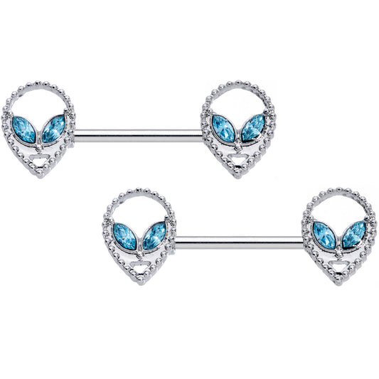 14 Gauge 5/8 Aqua Gem Hollow Alien Barbell Nipple Ring Set